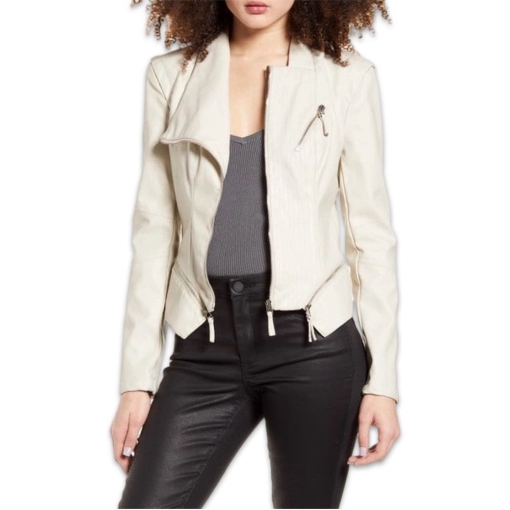 Blank NYC 🤍Cream Asymmetric Faux-Leather Moto Jacket - Picture 2 of 7